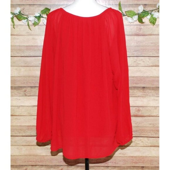 Carmen Marc Valvo Red Blouse Tunic Plus Size 3X Zip Up Tie Up Keyhole Neckline - Picture 7 of 10